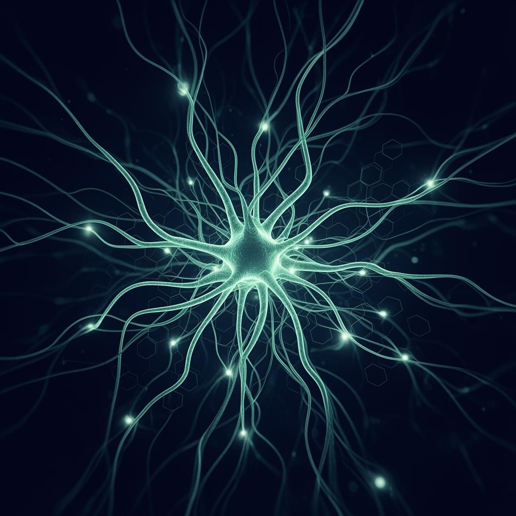 Abstract mint filaments forming a living network on deep navy